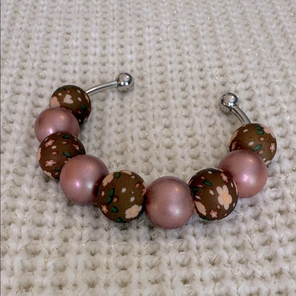 Floral Pink and Brown Beaded Cuff Bracelet
